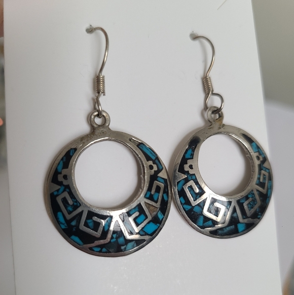 Vintage Sterling Silver Boho Western Mexico Turquoise Inlay Round Drop Earrings - Picture 3 of 12